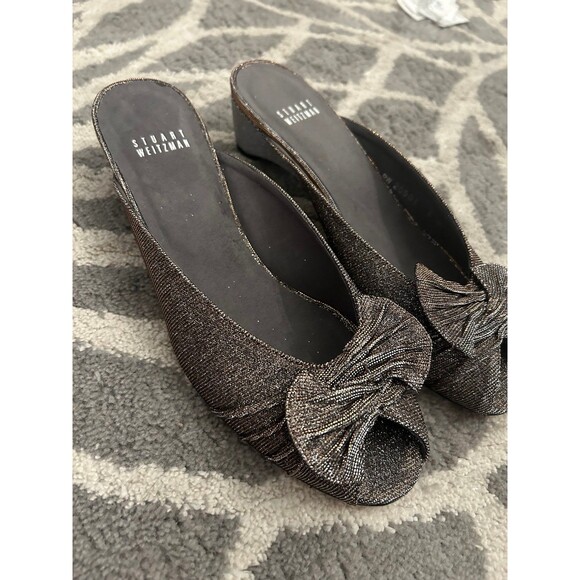Silver and Gold Glitter Bow Stuart Weitzman Wedge Heels - Picture 2 of 7